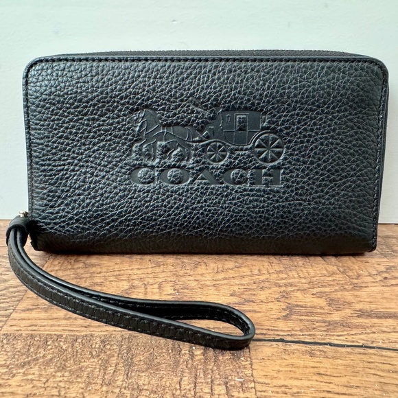 New Coach Jes Large Phone Wallet Horse And Carriage Black Leather Zip Around - Picture 1 of 7